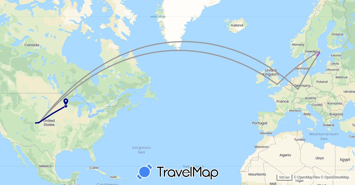 TravelMap itinerary: driving, plane, train in Germany, United Kingdom, Sweden, United States (Europe, North America)